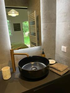 萨雷尔讷Gites de la Villa Pergola的浴室内一个柜台上的黑水槽
