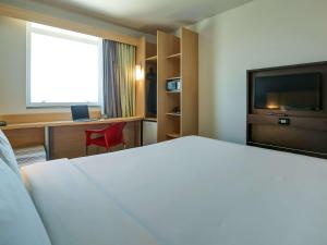 里约热内卢里约热内卢宜必思巴拉达蒂茹卡酒店的酒店客房配有一张床、一张书桌和一台电视。