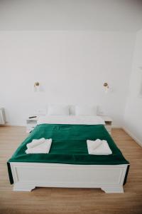 布拉索夫Studio Manzur的一张带绿色床单和枕头的白色床