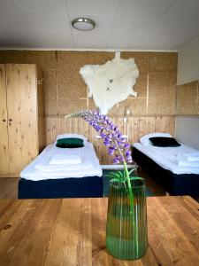 阿尔维斯尧尔Lumi Guest House的一间设有两张床的房间和一个花瓶,摆放在桌子上