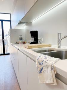 根特Jacob’s Getaway的厨房配有白色橱柜、水槽和水槽。
