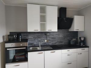 尼德根Ferienwohnung Eifelbrise的厨房配有白色橱柜和水槽