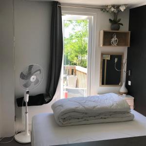 MoncheuxL Orée Du Bois的一间卧室配有一张带风扇和窗户的床。