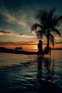 Pulau MansuarNyande Raja Ampat的两个人坐在海滩上的棕榈树下