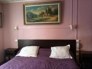 巴黎Hôtel Stanislas sans ascenseur的一间卧室配有一张紫色床,上面有画作