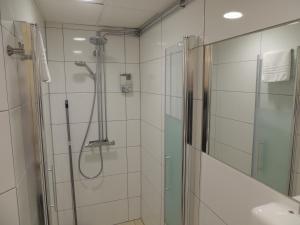 龙讷比Ronneby Cityhotell的带淋浴的浴室和玻璃门