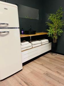 特拉维夫Ofek's place - Midtown TLV的厨房配有白色冰箱和水槽