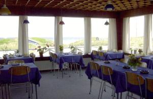 希茨海尔斯穆恩齐巴德酒店的配有蓝色桌椅和窗户的客房