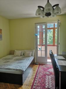 布拉索夫马吕斯之家民宿的一间卧室配有一张床、一张桌子和一个窗户。
