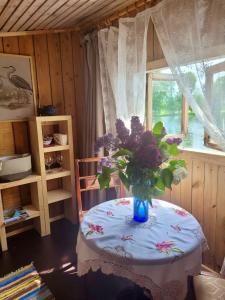 阿卢克斯内Laivu māja uz Alūksnes ezera/ Boat house on a Lake的花瓶在桌子上,有窗