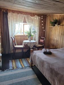 阿卢克斯内Laivu māja uz Alūksnes ezera/ Boat house on a Lake的一间卧室配有桌椅和窗户。