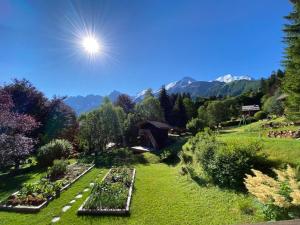 里雾诗Chambres d'hôtes - B&B - Chalet Mountain Vibes的享有花园的背景山景。