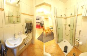 迪堡B&B Casa20 Dieburg的一间带水槽、淋浴和卫生间的浴室