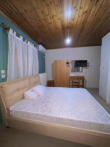 萨莫色雷斯KIRKOS “PORTO”的一间卧室设有一张带木制天花板的大床