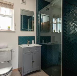 金斯布里奇Furlong Cottage @ Higher Stancombe Farm的浴室配有卫生间、盥洗盆和淋浴。