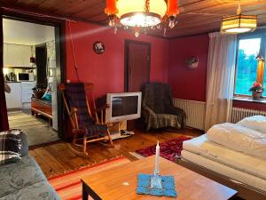 RamseleChristinagårdens stuga的带沙发和电视的客厅