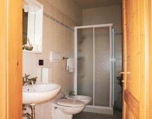 卡瓦雷诺hotel Parco Pineta的浴室配有卫生间、盥洗盆和淋浴。