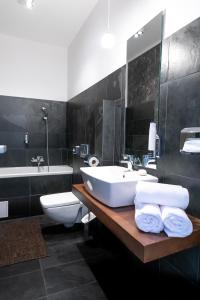 沙莫林Arena Hotel Samorin的浴室配有盥洗盆、卫生间和浴缸。