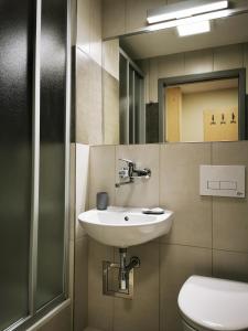 克拉科夫多姆学生胡同旅馆的一间带水槽、卫生间和镜子的浴室