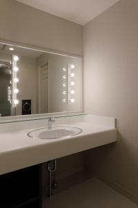 岐阜ホテルバースデー岐阜西店 HOTEL Birthday GifuWest的一间带水槽和大镜子的浴室