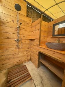 豪特尔Les hamacs aux Saintes的木制浴室设有水槽和镜子