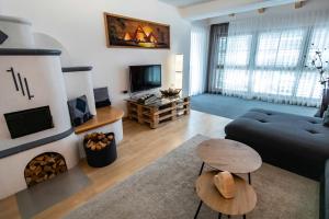 圣维吉利奥Apartment ARGENTIS Krumas-Living - Kronplatz的带沙发和壁炉的客厅