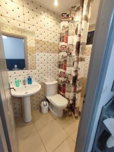 希马拉Lazaris kwstas Rooms的一间带卫生间、水槽和镜子的浴室
