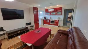 KobelaBoose Apart的带沙发和红色桌子的客厅