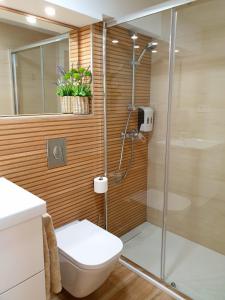 格拉纳达Road Sierra 95 Habitación privada con baño y zona de cocina的带淋浴、卫生间和盥洗盆的浴室
