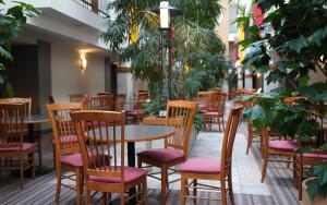 魁北克市林德伯格酒店的一间设有桌椅的餐厅,种植了植物