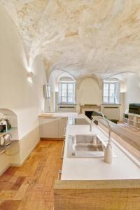 帕尔马Il Loft di Quintino的带水槽的厨房,位于带天花板的房间内