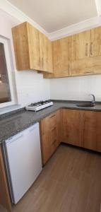 阿维萨阿达西Motel Lavanda的厨房配有木制橱柜和白色洗碗机。