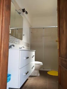 巴列埃尔莫索Casa Gerian的一间带卫生间和玻璃淋浴间的浴室