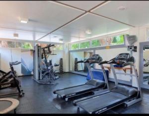巴雷里尼亚斯Gran Lençóis Flat Residence的健身房里设有数台跑步机和机器