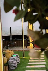 哈费尔巴廷Al Sharq Hotel的享有带桌子和草屋的客房的景色