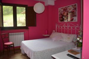 奥维多el calero的粉红色的卧室配有一张床和一张书桌