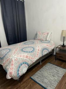 巴拿马城SERENADE Lodging Rooms的一间卧室配有床,床上配有被子和地毯
