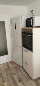 申贝格Ferienwohnung zur Kirschblüte的厨房配有冰箱和微波炉。