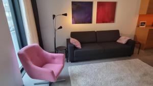 坦佩雷Uusi, avara, saunallinen keskustakaksio的客厅配有沙发和粉红色椅子