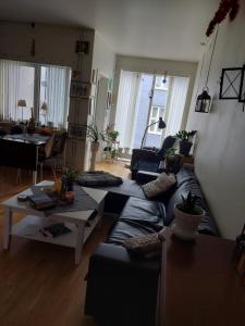 奥斯陆Shared apartment, Down Town Oslo, Osterhaus'gate 10的客厅配有黑色沙发和桌子
