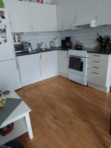 奥斯陆Shared apartment, Down Town Oslo, Osterhaus'gate 10的铺有木地板的厨房配有白色家电