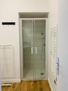 拉弗雷切Centre ville (1) : superbe appartement climatisé的一间位于客房内的玻璃淋浴间的浴室