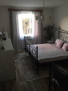 RuprechticeDomeček u Marcelky的一间卧室配有带粉红色枕头的床和窗户。