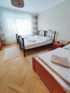 多尔尼斯莫克维克Apartmán Pod Lesom的一间卧室设有两张床,铺有木地板