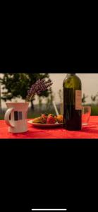 Serramazzonila baita nei boschi的一瓶葡萄酒和一盘水果放在桌子上