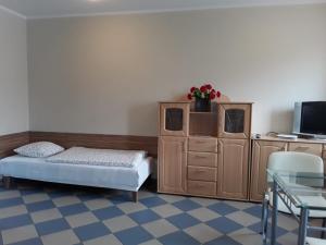 PieszyceGóry Sowie Apartament z osobnym wejściem的一间卧室配有一张床、一个橱柜和一张书桌