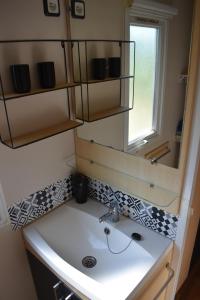 耶尔mobil-home sur terrain bucolique的一间带水槽和镜子的浴室