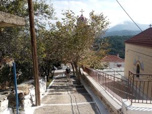 AvgonymaAvgonima Chios Spitakia Cottages的沿着教堂旁的人行道走