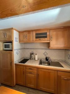 帕斯底拉卡萨Envalira Vacances - Etoile duplex ideal familia con vista a pistas的厨房配有木制橱柜、水槽和微波炉