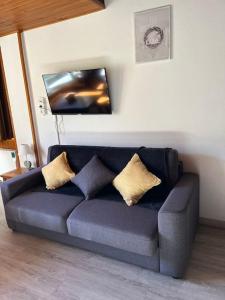 帕斯底拉卡萨Envalira Vacances - Etoile duplex ideal familia con vista a pistas的客厅配有带枕头的蓝色沙发